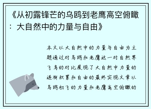 《从初露锋芒的乌鸥到老鹰高空俯瞰：大自然中的力量与自由》